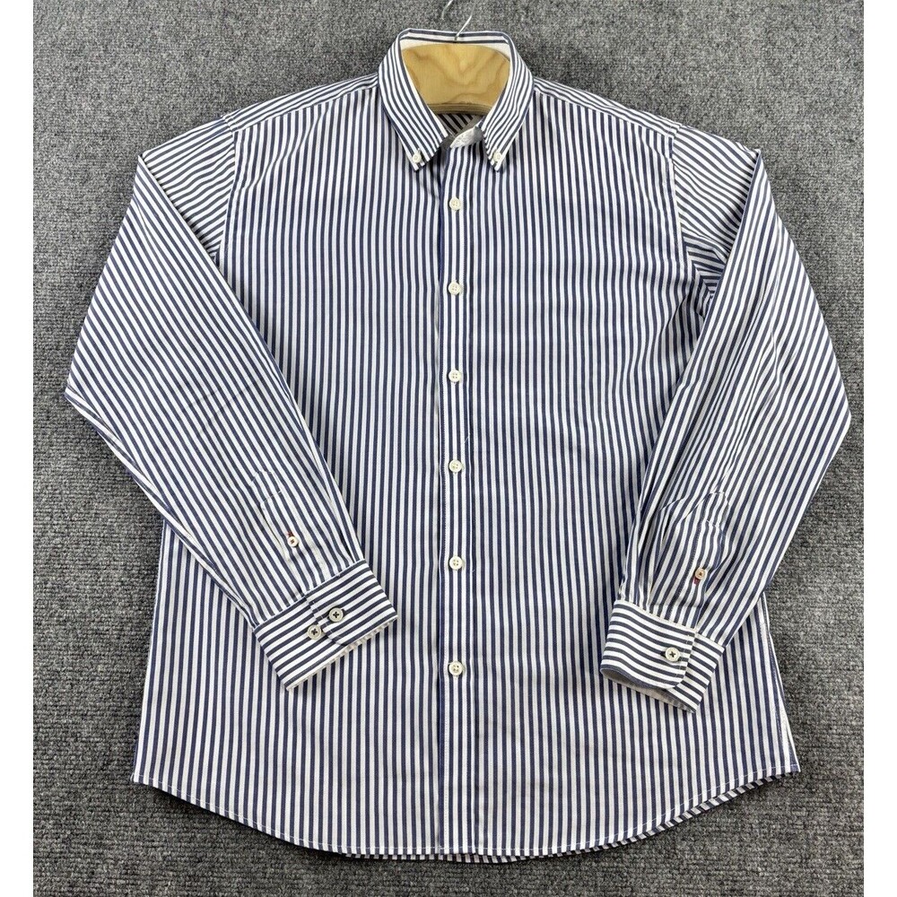 Perry Ellis Shirt Mens L Blue White Stripe Button Down Dress Shirt Long Sleeve